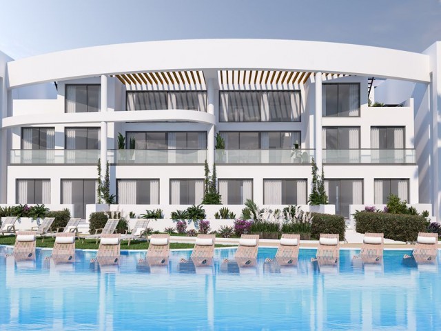 Kuzey Kıbrıs’ın İskele Boğaz'ında sınırsız deniz manzaralı satılık 2+1 yatak odalı daireler özel havuzlu
