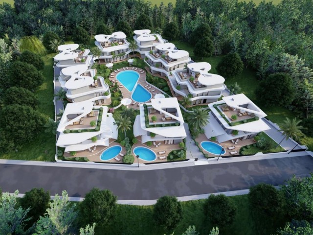Наш проект с виллой-близнецом с 3 спальнями в Кирении Лапта, площадью 200-242 м2 с садом и общим бассейном, в 300 метрах от моря ** 