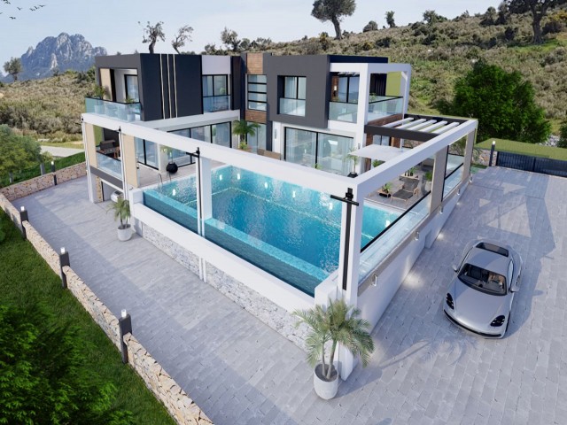 Girne Arapköyde satılık 4 yatak odalı havuzlu 1154 m2 arazi içerisinde satılık modern villa.